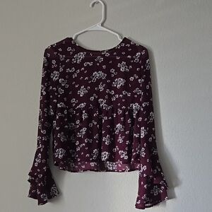 Aeropostale Purple Maroon SheerFloral Long Sleeve Blouse